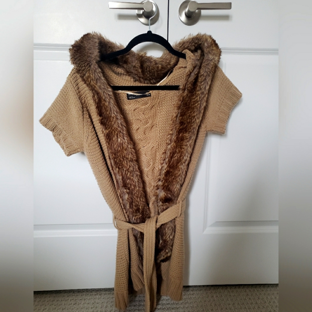 Original Zara Women's Knitted with fur Hood Thick Vest Gilet